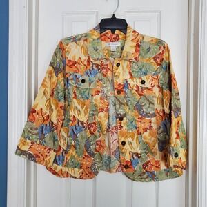 Vtg Christopher & Banks Linen Blend Floral Button Up Jacket Artsy Coastal Sm